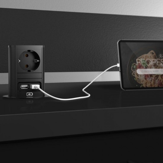 Torre de Tomadas para Cozinha Elevador Preto